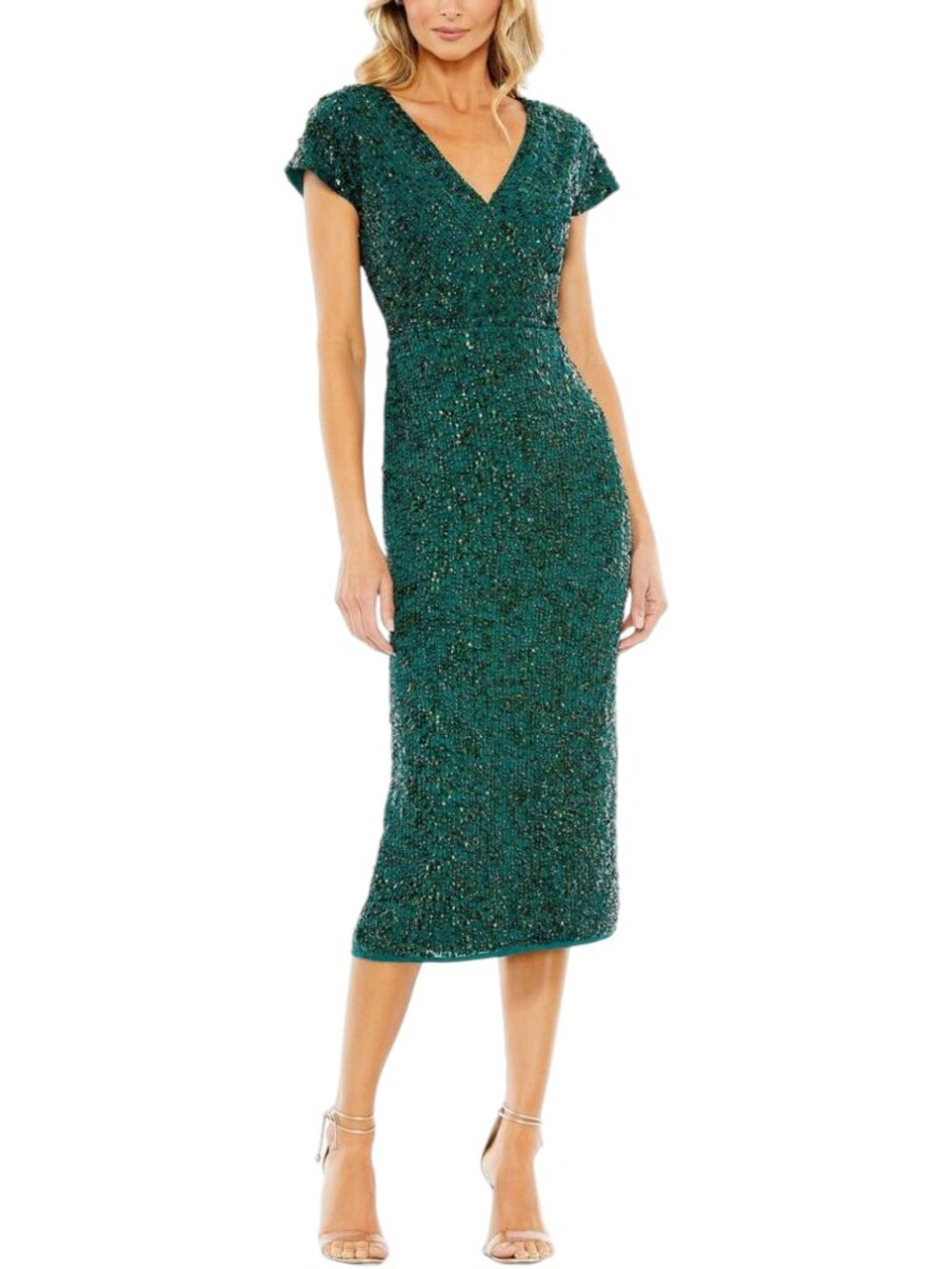 Mac Duggal Green Sequin Midi Dress Cap Sleeve V-Neck Sheath 10766 Size 6